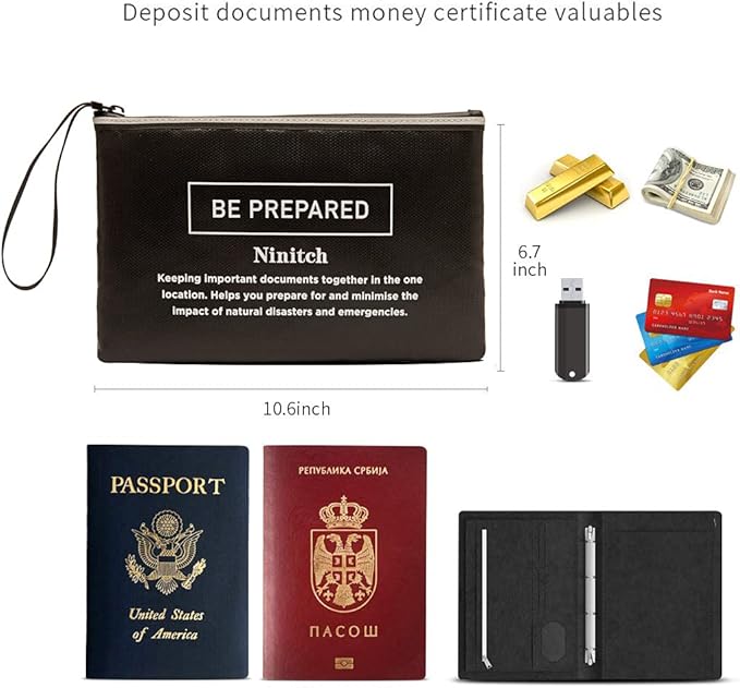 Fireproof Money Bag,small fire safe Fireproof and Waterproof Cash Bag with Zipper Closure, Fireproof Safe Storage Bag Envelope, Suitable for documents, Bank Inventory, Passport (Black, M)