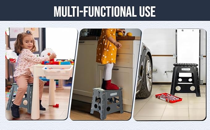 Versatile Folding Step Stool - 13 in Foldable Step Stool for Kids, Home, Camping, and Office - Lightweight, Sturdy, and Portable Foldable Stool, for Outdoors and Indoor Fun (Grey, Small 13)