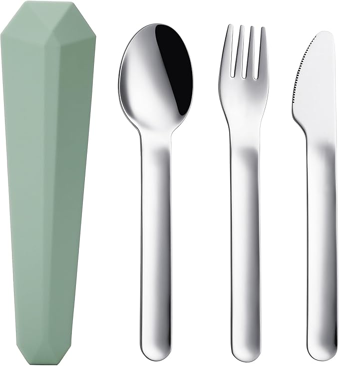 DEVICO Travel Utensils with Case, Reusable Camping Silverware Cutlery, 18/8 Stainless Steel Portable Fork Spoon Knife Set for Lunch Picnic School Workplace (Green)