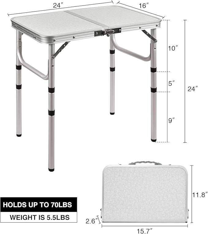 RedSwing 2ft Folding Camping Table,Small Portable Pinic Table Adjustable Height, Lightweight Aluminum Camping Table for Outdoor Indoor Hiking Camp