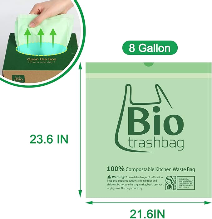 8 Gallon Compostable Trash Bags, 100 Count Drawstring Trash Bags Biodegradable, Heavy Duty Extra Thick Compost Bags, Kitchen Food Scrap Waste Bag, US BPI and OK Compost Home Certified