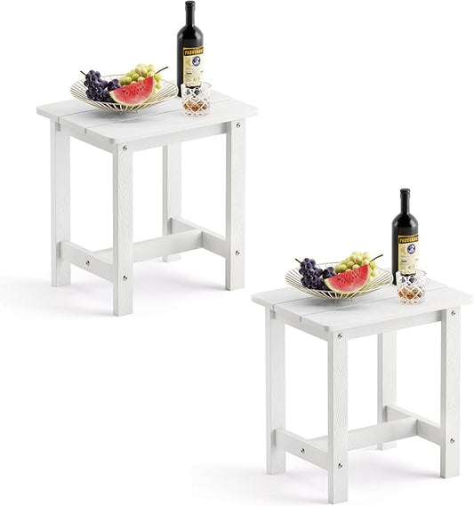 LUE BONA Outdoor Side Table Set of 2, HDPS Small Outdoor Table, Adirondack Side Table, Outside End Table for Patio, Porch, Deck, Pool, Weather Resistant/Easy Maintenance/Indoor or Outdoor Use, White