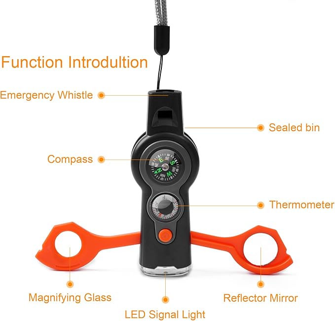 Emergency Survival Function Whistle, Outdoor Multifunctional Tool Safety Whistle with Lanyard, Ideal for Kayaking, Boating, Hiking, Camping, Climbing, Hunting, Fishing, Rescue Signaling