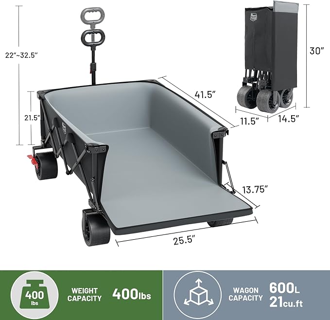 TIMBER RIDGE 600L Beast Wagon 26" W Extra Wide All Terrain Folding w/Big Wheels, Cargo Net & Tailgate, 26" W and 55" L, Capacity and 400lbs Heavy Duty Collapsible Portable Cart, Grey