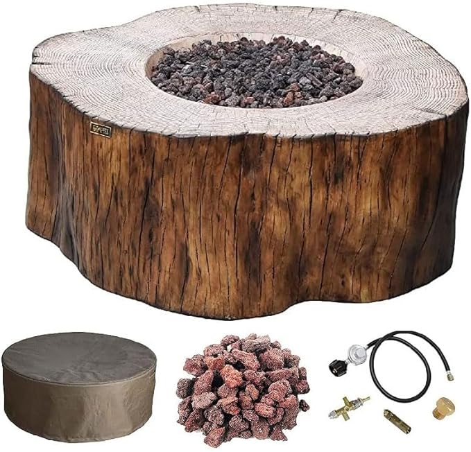Elementi | Manchester Gas Fire Pit Cast Concrete Semi-Round Fire Table, Outdoor Fire Pit Electronic Ignition | Canvas Cover, Lava Rock Included | Red Wood (Propane Gas)
