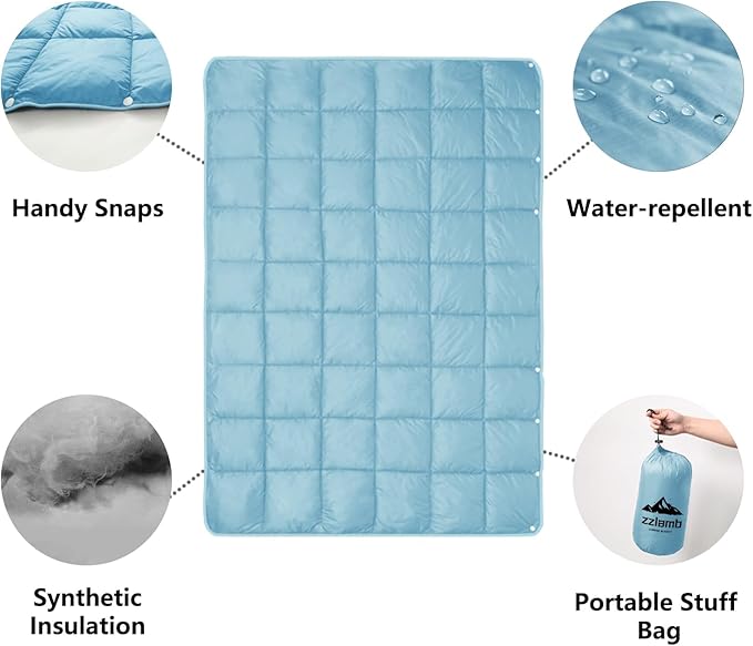 zzlamb Camping Blanket, Compact Lightweight Soft Puffy Blanket Water-Repellent, Packable Warm Quilt Down Alternative Picnic Hiking Backpacking Beach Travel RV Airplane Couch Car
