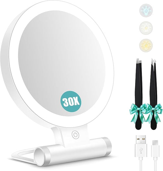 B Beauty Planet Magnifying Mirror with Light 30X, Double-Sided 1X/ 30X Magnifying Makeup Mirror with Tweezer, 2000mAh 3 Colour Modes with Adjustable Brightness,Foldable Travel Mirror(9" L x 7" W)