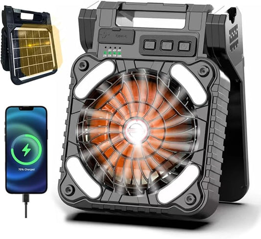 Solar Powered Camping Fan with LED Lantern,10000mAh Rechargeable Battery Operated Portable Fan,4 Speeds/Timer/Power Bank 90° Folding USB Personal Desk Fan (Black&Orange)