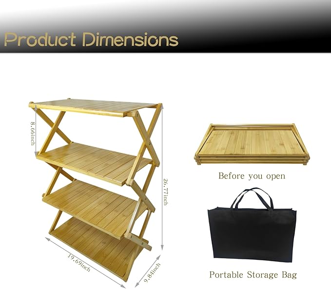 Foldable Bamboo Shelf, Folding Shoe Rack, Flower Rack, Camping Rack, No Installation Required, Portable, Space Saving, Multi-Purpose Storage Rack (Natural, 4 Tiers)