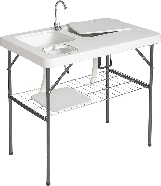 Outvita Folding Portable Camping Sink Table with Sink Faucet, Drainage Hose & Grid Rack, White