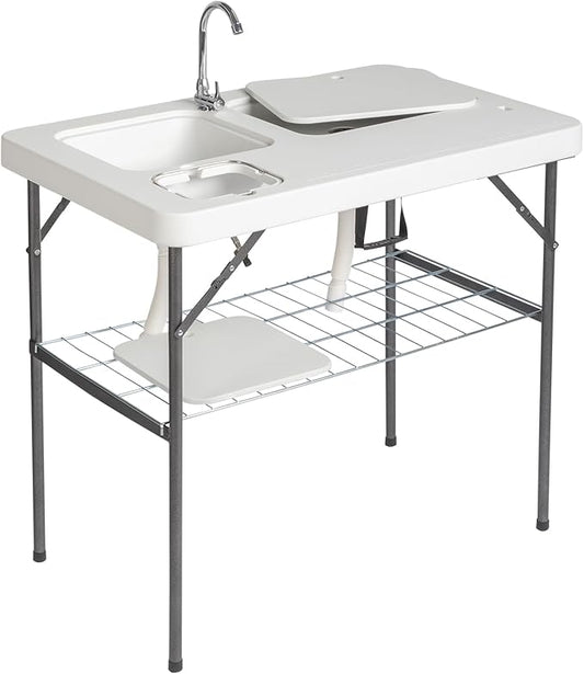 Outvita Folding Portable Camping Sink Table with Sink Faucet, Drainage Hose & Grid Rack, White