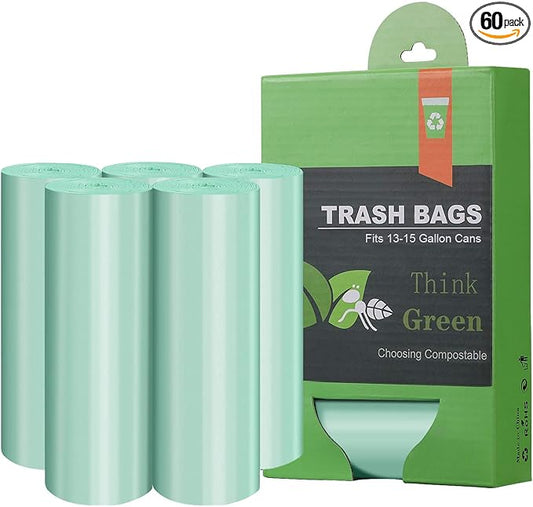 Compostable Trash Garbage bags,AYOTEE 13-15 Gallon Tall Kitchen Trash Bags,Heavy Duty Unscented 1.18Mils 55 Liter,60 Count,Strong Thicken Rubbish Waste Can Liners for Kitchen Garden Home