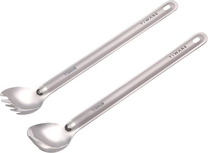 Lot of 2 Titanium Long Handle Spoon & Spork (2 in 1 spoon & fork) Outdoor Ultralight Portable Stirring/Mixing Cookware Polished bowl Flatware for Kitchen Camping Hiking Traveling w. Storage bag