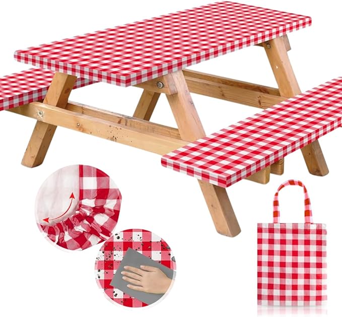RNOONY Vinyl Fitted Picnic Table Cover with Bench Covers and Bag, 6ft Outdoor Waterproof Picnic Tablecloth with Elastic Edges, 72x30 Inches 3 Pcs Set (Red Checkered)