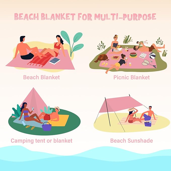 Beach Blanket Waterproof Sandproof 1-7 Adult Oversized 78 '' × 81 '' Lightweight Durable Compact Sand Free Beach Mat for Travel Camping Hiking Picnic Blanket Extra Large