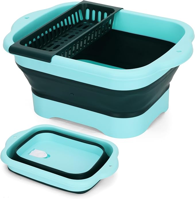 11 Liters (2.91 Gallons) Collapsible Dish Basin with Drain Plug,Outdoor Multi-Purpose Camping Sink for Cleaning Vegetables and as an Ice Bucket, Suitable for Kitchens, Camping and RVs (Green)