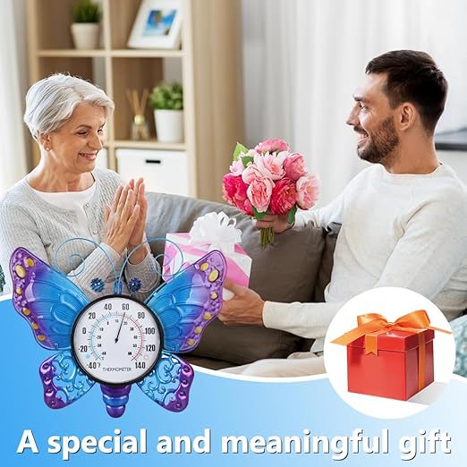Outdoor Thermometer, Blue Butterfly Indoor Thermometer No Need Battery, Metal Wall Thermometer for Patio Home Room Decor