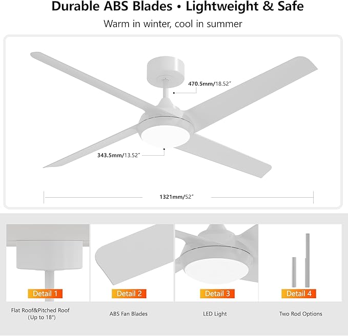 52 Inch Ceiling Fan with Light and Remote, 4 Blades, Quiet DC Motor, Reversible Fan with Dimmable LED Light, for Bedroom Living Room (White)