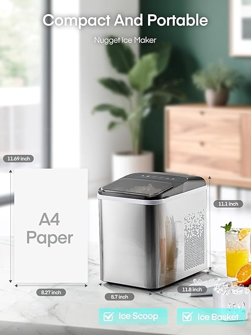 Nugget Ice Maker Countertop, 55lbs/24H Chewable Pellet Ice Machine with Self-Cleaning, Ready in 6 Minutes, Portable Ice Makers with Basket and Scoop for Home, Kitchen, Office (Silver)