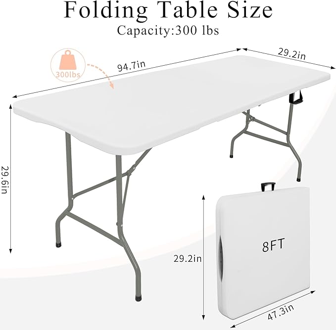 Set of 2 Folding Tables with Carrying Handle Heavy Duty Rectangular Portable Plastic Camping Table Steel Legs for Party, Dining, Wedding, Events, Picnic Indoor, Outdoor (8FT, White)