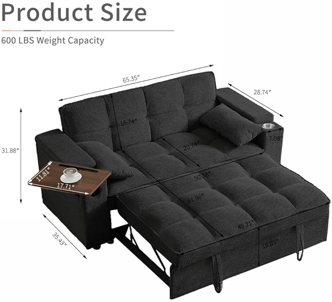 66" 3-in-1 Folding Convertible Sofa Bed, Queen Size Pullout Sofa, Modern Chenille Fabric, 360° Swivel Side Table, Easy Assembly, Perfect for Living Room (ZY-1107S-Black)