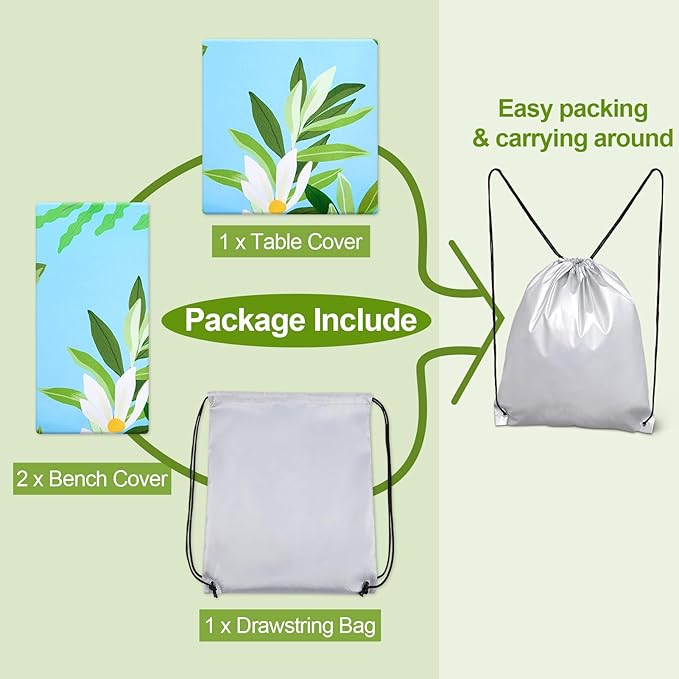 Picnic Table Cover with Bench Covers Camping Essentials Waterproof Windproof Camping Tablecloth with Drawstring Bag, Fitted Rectangle Tables and Seats, 96in, Blue White