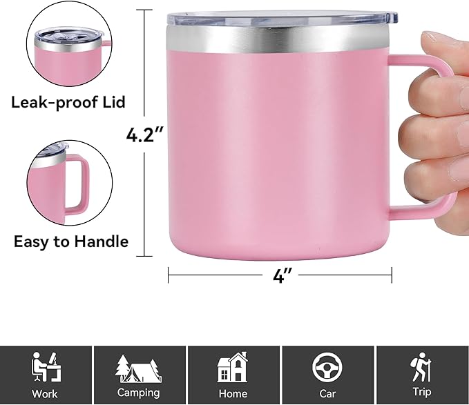 VEGOND 14 oz Insulated Coffee Mug Bulk with Handle, Stainless Steel Travel Coffee Mug with Lid, Double Wall Vacuum Metal Coffee Cup, Coffee Tumbler Powder Coated, Pink 4 Pack