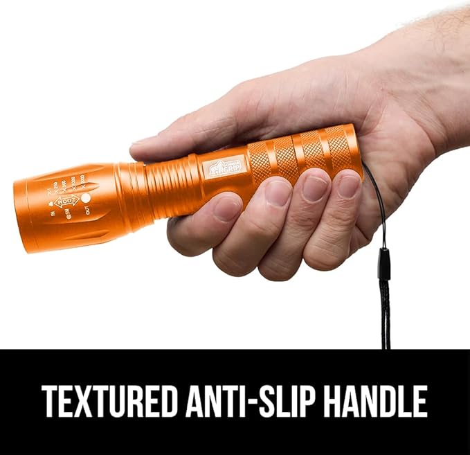 GORILLA GRIP Powerful LED Tactical Flashlight, 750 FT High Lumens 5 Adjustable Modes, Water Resistant, Ultra Bright Zoom Flashlights, Small Mini Flash Light, Camping, Night Dog Walking, 2 Pack Orange