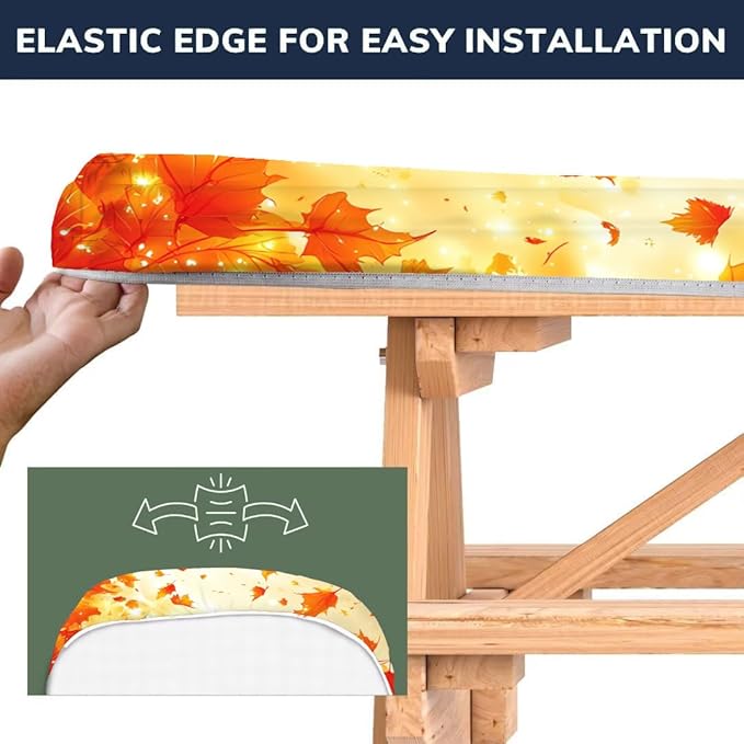 CAPSCEOLL Fitted Picnic Table Cover with Bench Covers with Elastic 8Ft Waterproof Camping Picnic Table Cover Cloths for Outdoors Camping Tablecloth with Drawstring Bag, 96X30in, Fall Maple