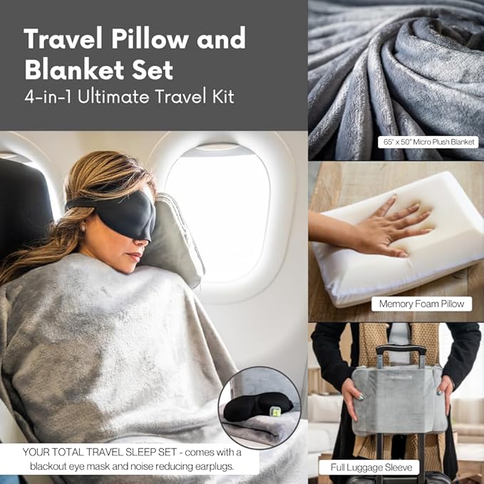 Travel Pillow and Blanket Set - 4-in-1 Ultimate Travel Kit with Memory Foam Pillow, Travel Blanket, Sleep Mask, and Earplugs-Ultimate Comfort and Coziness for Your Journeys - Blue