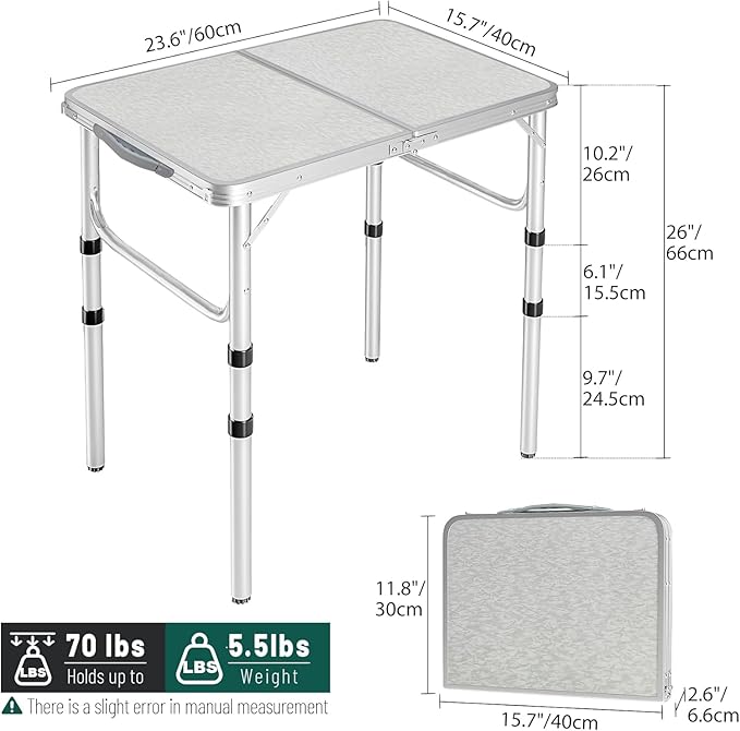 REDCAMP Small Camping Table 2 Foot, Portable Aluminum Frame Folding Table Adjustable Height Lightweight for Picnic Beach Outdoor Indoor, White 24 x 16 inch (3 Heights)