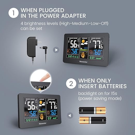 Newentor Weather Station Wireless Indoor Outdoor Thermometer, Color Display Digital Weather Thermometer with Atomic Clock, Barometric Pressure, Forecast Station with Adjustable Backlight,Black,3Sensor