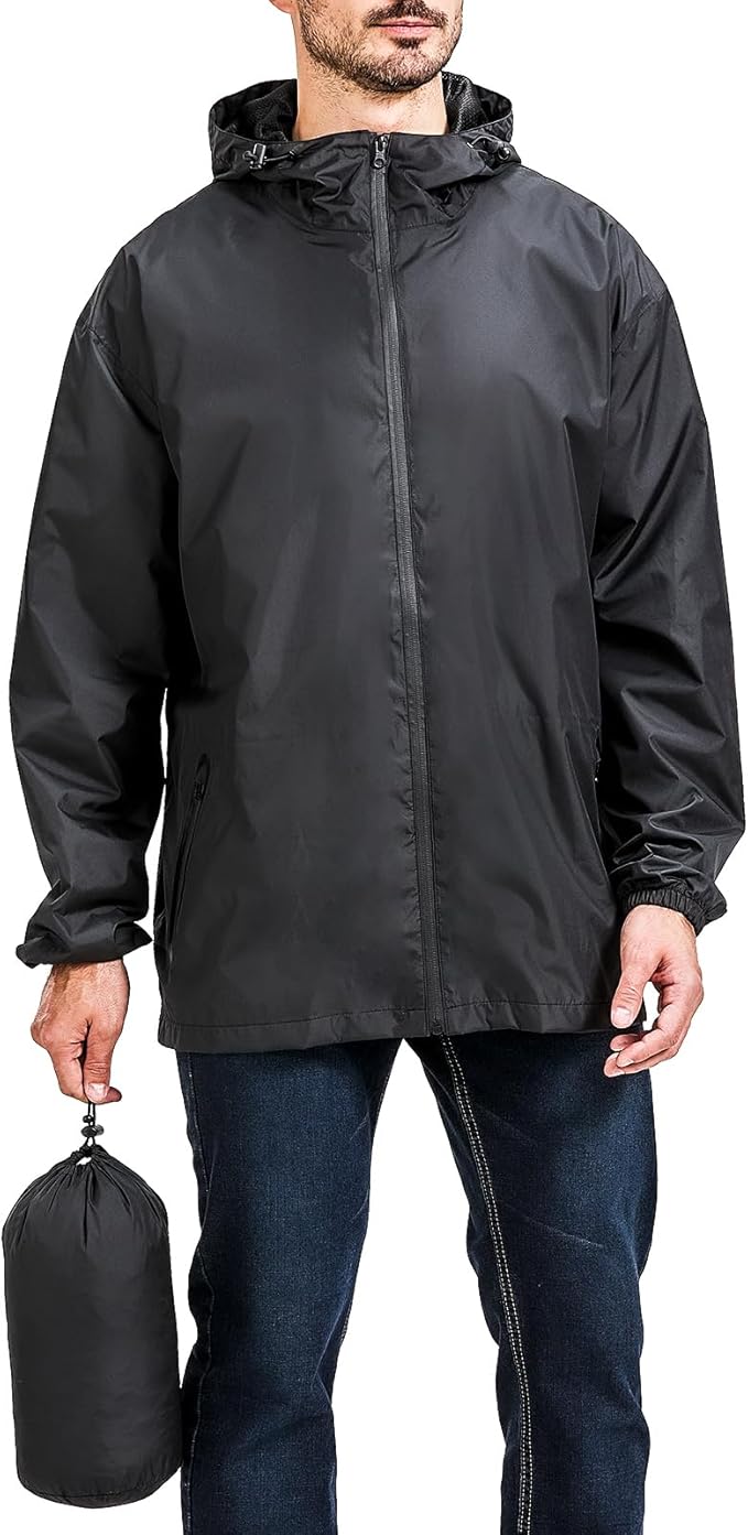 Men's Packable Rain Jacket Waterproof Outdoor Classic Lightweight Raincoat Hooded Windbreaker