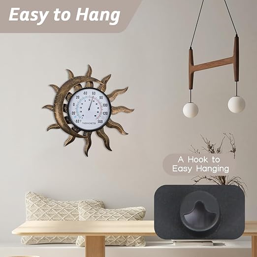 14" Sun-Moon Outdoor Thermometer, Metal Wall Thermometer No Need Battery, Decorative Indoor Thermometer for Patio, Garden, Living Room