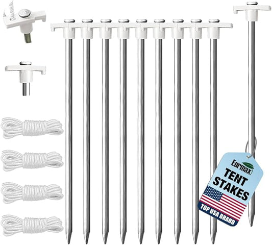 Eurmax USA Galvanized Non-Rust Camping Family Tent Pop Up Tent Stakes Canopy Anchors Heavy Duty 10pc-Pack, with 4x10ft Ropes & 1 White Stopper