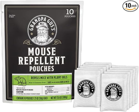 Grandpa Gus's Extra-Strength Mouse Repellent Pouches, Cinnamon/Peppermint Oils Repel Mice from Nesting & Freshen Air in Car/RV/Boat/Garage/Shed/Cabin, 1.75 oz (Pack of 10)