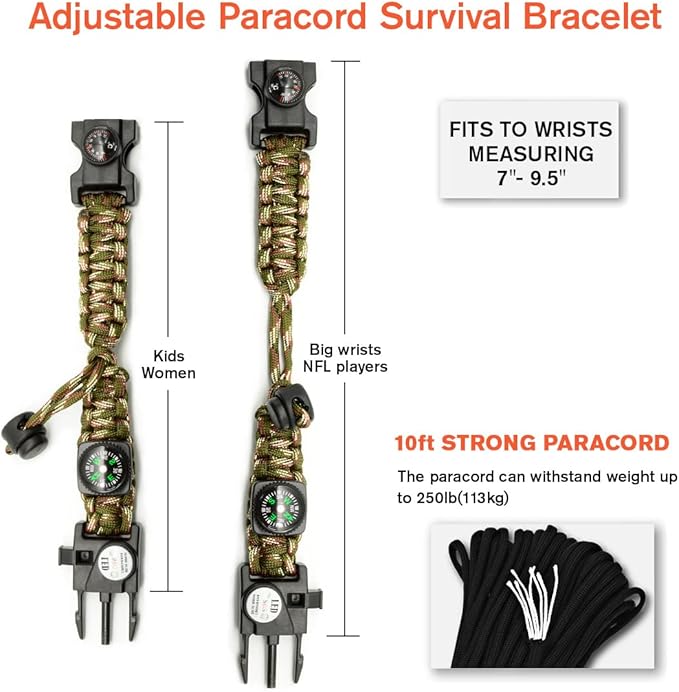 20 in 1 Survival Paracord Bracelet Adjustable Gear Kit with SOS LED Light, Fire Starter, Bigger Compass, Survival Whistle, Perfect for Camping, Hiking, Fishing