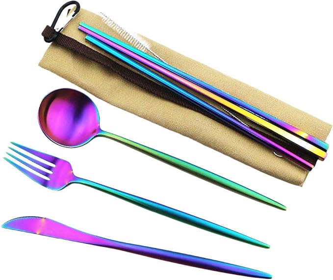 Gugrida Reusable Travel Utensils, 7 Piece Portable 304 Stainless Steel including Knife Fork Spoon Chopsticks Cleaning Brush Straws Portable Pouch, Eco-friendly Camping Silverware Set, Dishwasher Safe
