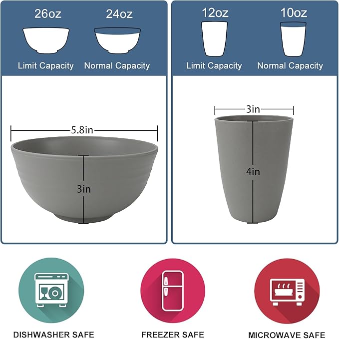 40Pack plates and bowls sets for kitchen - Unbreakable wheat straw dinnerware sets service for 8 - Alternative plastic 40pcs dish sets for picnic,camping and R.V. - (Grey)