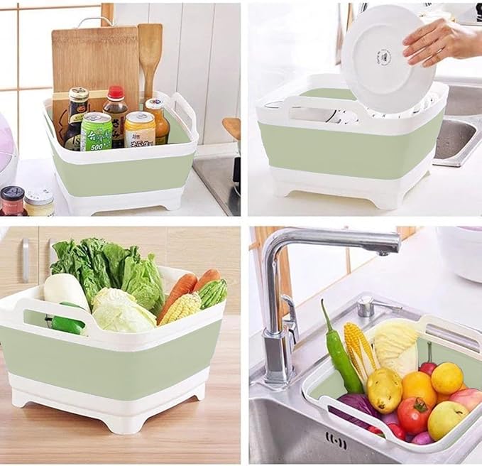 9L (2.4Gal) Dish Basin Collapsible with Drain Plug , Space Saveing Kitchen Storage Tray Dish Wash Basin, Portable Dish Tub, Foldable Dishpan for Camping ,RV,Green
