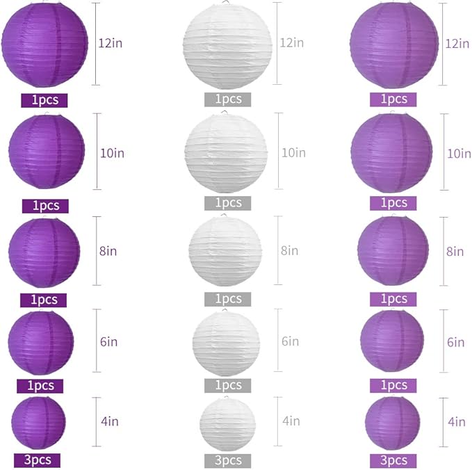 BEISHIDA 21 Pcs Lavender Purple White Round Paper Lanterns Decorative Hanging Asia Chinese Japanese Paper Lanterns Lamp for Halloween Birthday Wedding Baby Bridal Shower Home Decor Party Decoration