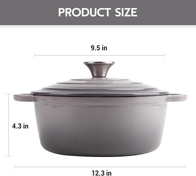 4.5 Quart Dutch Oven Enameled Cast Iron with Lid - Big Dual Handles - Oven Safe up to 500°F - Classic Round Pot for Versatile Cooking Light Gray