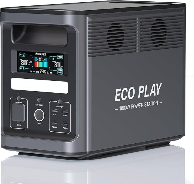 Eco Play EP1800 Portable Power Station,1536Wh LiFePO4 Battery Backup, Expandable up to 4kWh, Fully Charged in 1.1H, 1800W Solar Generator with 1200W Solar Input for Power Outages, Camping