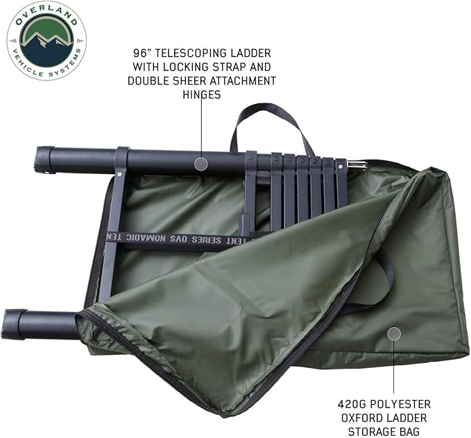 Overland Vehicle Systems HD Nomadic 4 Extended Soft Shell Roof Top Tent - Dark Gray Base with Green Rain Fly & Black 1000G PVC Travel Cover - Black Aluminum Base