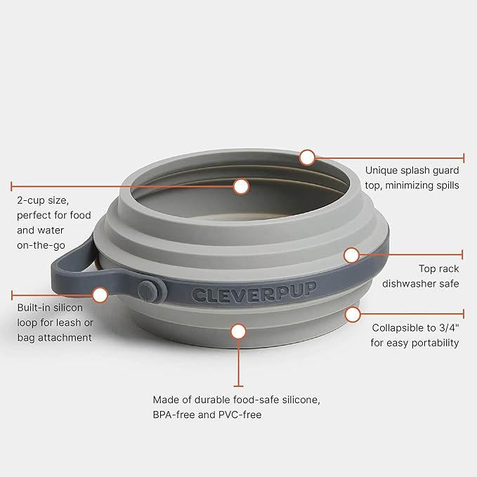 Nomad Small Collapsible Dog Bowl - 2 Cup Food-Safe Silicone Travel Bowl for Dogs, Portable & Sturdy, Food/Water, Dishwasher Safe - Grey