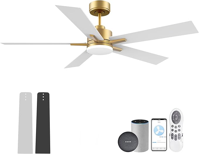 52” Smart Ceiling Fan with LED Lights Remote,Quiet DC Motor,Voice Control via Alexa Google WIFI Phone,Outdoor Indoor Modern Ceiling Fans,Dimmable,for Bedroom Patio Porch,Gold and White Black