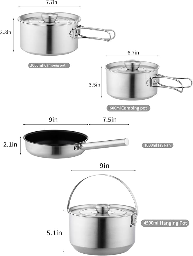 CampPro Camp Cooking Set for 4-8, Stainless Steel Camping Cookware Set, Camping Equipment with Carring Bag, Camping Pots and Pans Set for Campfire Cooking & RV & Backyard Picnic