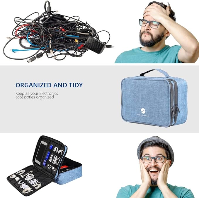 Travel Electronics Organizer, Waterproof Cable Organizer Bag for Electronic Accessories Double Layer Large Shockproof Cable Storage Bag for Cord, Power Bank, Tablet(Up to iPad 11 inch) - Denim blue