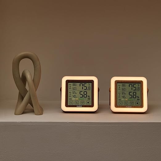 HuBDIC HubiBaby Digital Hygrometer Indoor Thermometer Humidity Meter Room Thermometer, Humidity Monitor for Home, Bedroom, Baby Room, Office, Greenhouse, Cellar, Portable Nightlight (Dark Wood)