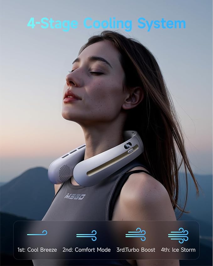 SWEETFULL Neck Fan, 3 Turbo Portable Fans with Neck Support, 4 Speed & LED Display, 5200mAh Rechargeable Personal Fan, Hand-Free Wearable Bladeless Cooler, Gift for Travel Birthday, Men, Women (White)